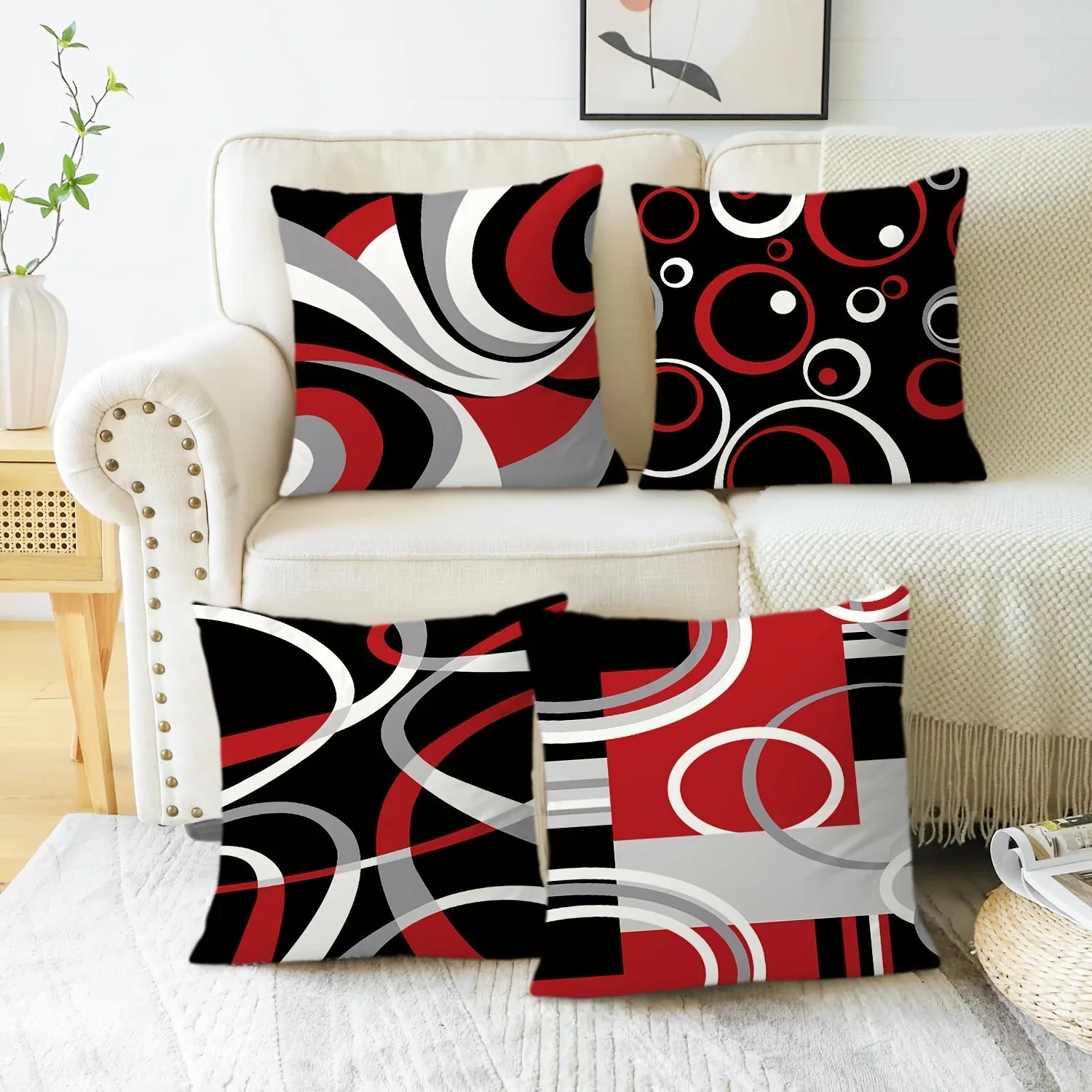 Abstract Modern Geometric Throw Pillow Covers, Red And Black Decorative Cushion Covers,  Decor For Couch Sofa Living Room Bedroo