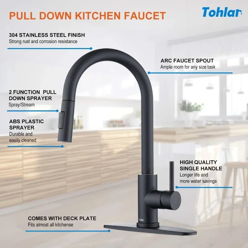 Tohlar Black Kitchen Faucets with Pull-Down Sprayer Single Handle Kitchen Faucet, Modern Stainless Steel Kitchen Sink