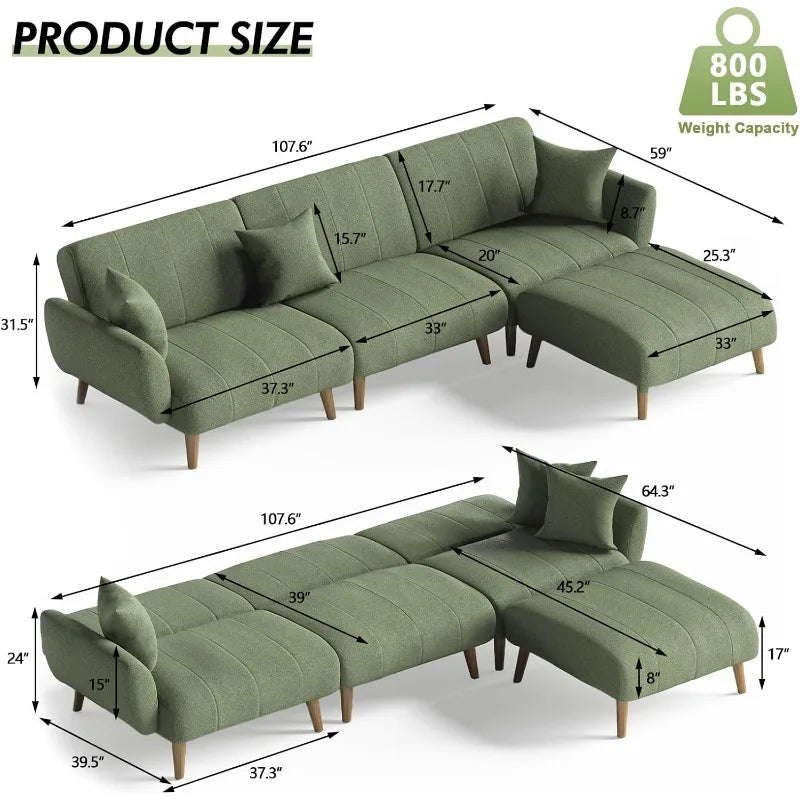 Convertible 107.6" Sectional Sofa Couch W/Removable Ottoman, L-Shaped Sectional Couch for Living Room, Corner Sectional Sofa