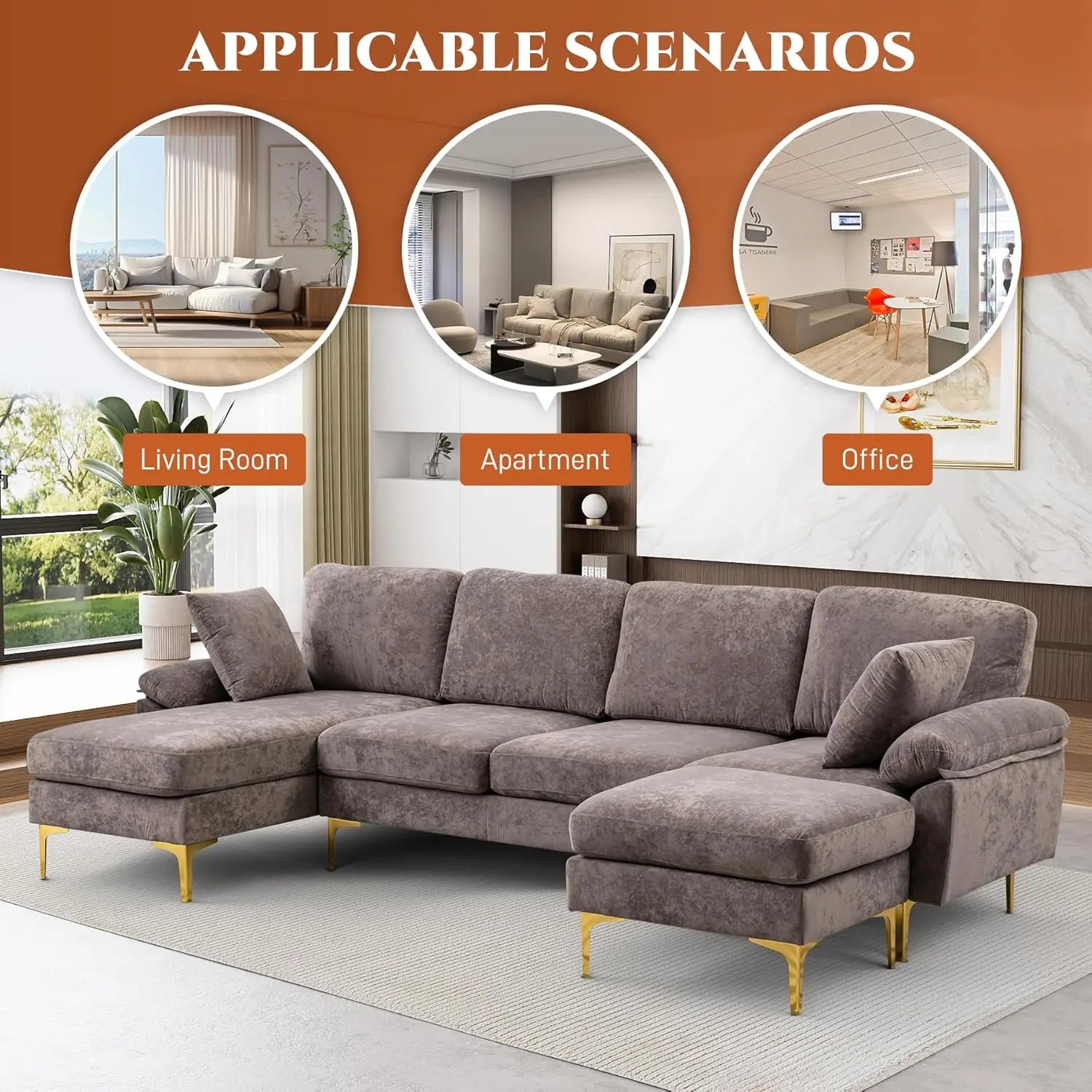 U-Shaped Sectional Sofa Couch, 4 Seat Sofa Set for Living Room, Convertible L-Shaped Velvet Couch Set with Chaise Lounge