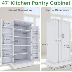 Cabinets.47Kitchen Pantry Cabinet, White Freestanding Buffet Cupboards Sideboard with Doors & Adjustable Shelves, Kitchen Pantry