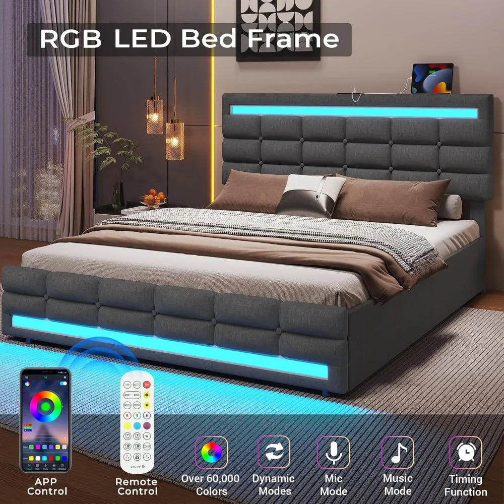 Queen Bed Frame with LED Lights Leather Platform Bed with Storage Drawers and Charging Station,with Adjustable Headboard,Black