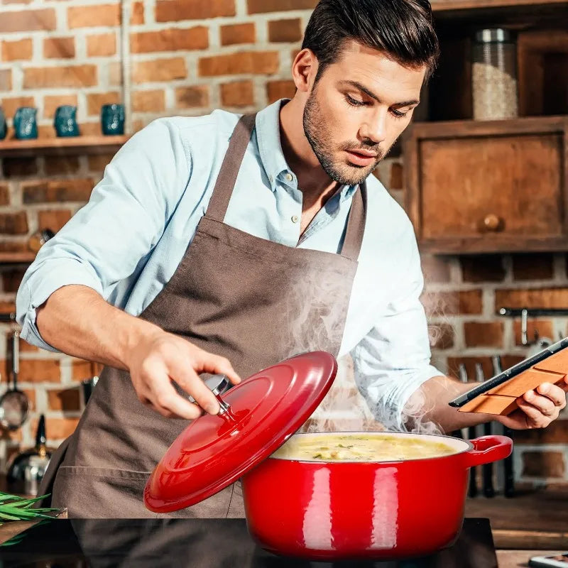 Enameled Cast Iron Dutch Oven Set with Lids, 2pcs Cast Iron Pot, 6QT & 1.5QT Enamel Cookware Pot, Red