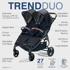 Trend Duo Side by Side Double Stroller - Easy Compact Fold, Multi-Position Recline, Large Canopy Infant Twin Stroller