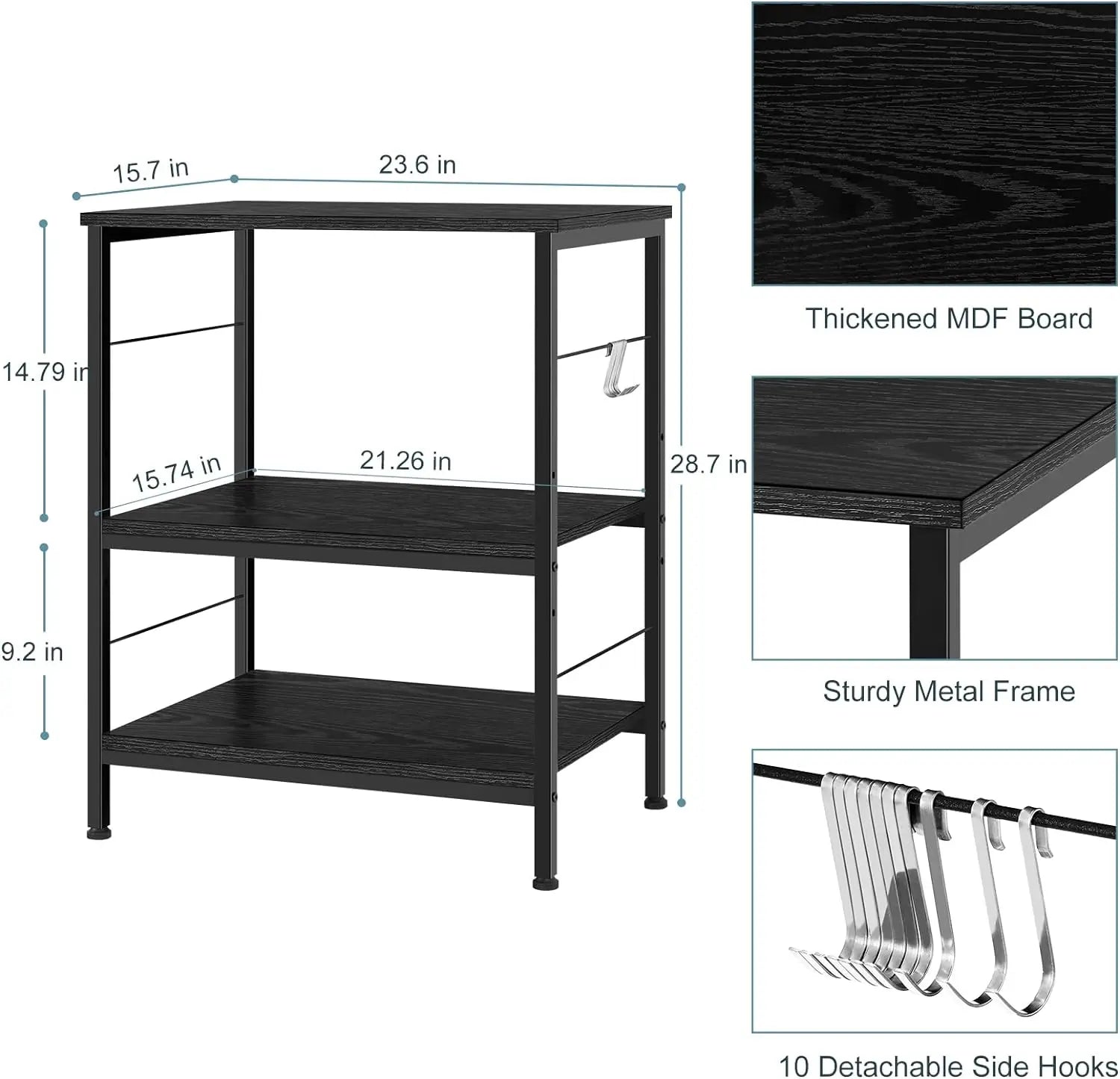 Microwave oven rack, 3-layer kitchen cart with small pastry rack stored on wheels and 10 hooks, coffee bar cart