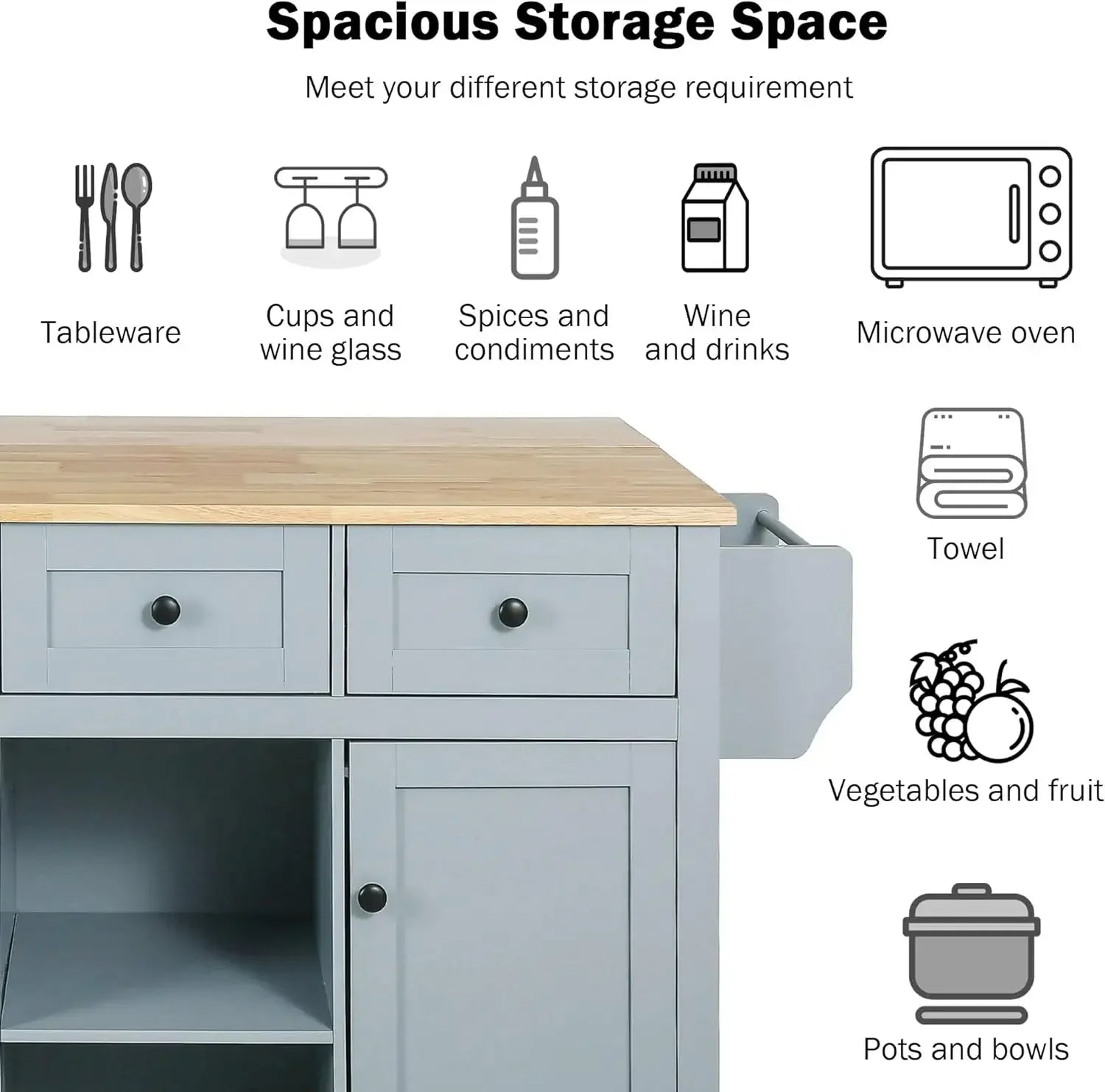 Kitchen Cart with Rubber Wood Drop-Leaf Countertop,Kitchen Island with Storage Cabinet and 3 Drawers,Internal Storage Cabinet