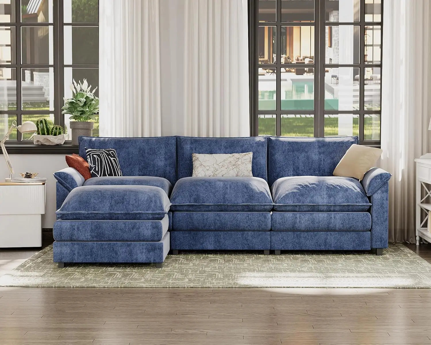 119” Modular Sectional Sofa Couch, Modern Wide Arm L Shaped Couch with Deep Seat and Reversible Ottoman