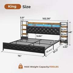 Bed Frame with Bookcase Storage Headboard and Charging Station,Metal Led Platform Bed,LED Lights,No Box Spring Needed,Bed Frames