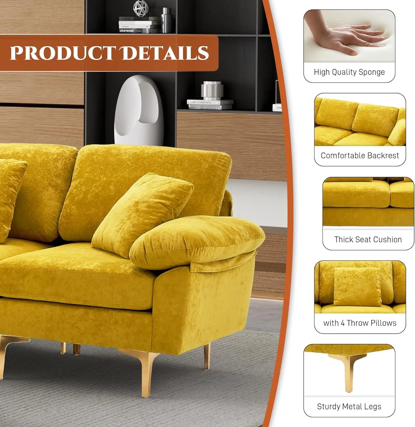 U-Shaped Sectional Sofa Couch, 4 Seat Sofa Set for Living Room, Convertible L-Shaped Velvet Couch Set with Chaise Lounge