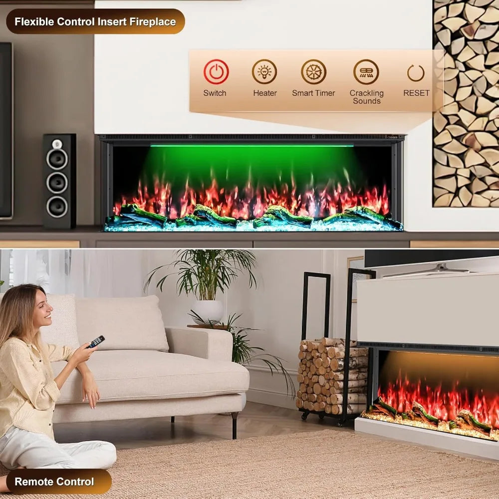 3 Sided Electric Fireplace, 60 inch Smart WiFi Fireplace Inserts,Mounted Eletric Fire Place Heater with 251 RGB LED Flame Colors