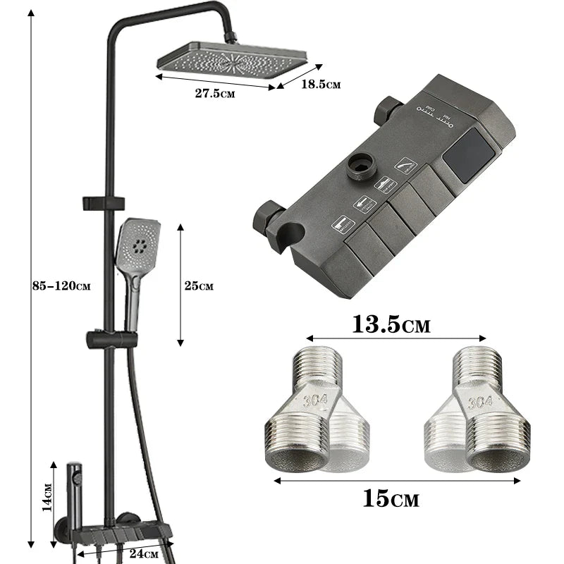 GREY Smart Digital Display Shower Faucet Set Piano Style Rainlfall Bathroom System Grey Digital Mixer Tap Bidet Shower