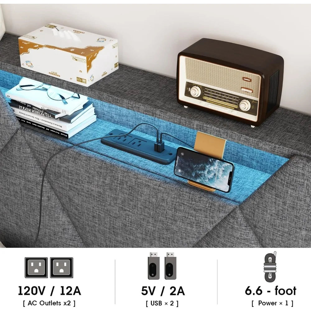 Queen Bed Frame with Storage Headboard and 4 Drawers,Upholstered Platform with Charging Station and Led Adjustable Headboard