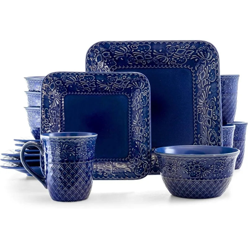 Contemporary Square Embossed Stoneware Dinnerware Dish Set, 16 Piece, Indigo Blue