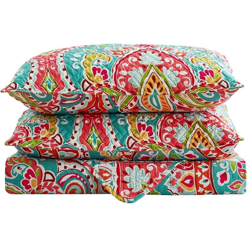 3-Piece Quilt Set with 2 Pillow Shams- Boho Reversible Soft and Lightweight Quilt Bedding Bedspread Coverlet Set