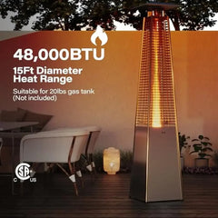 Quartz Glass Tube Patio Heater 48000 BTU Propane Outdoor with Waterproof Cover & Wheels 87" Tall