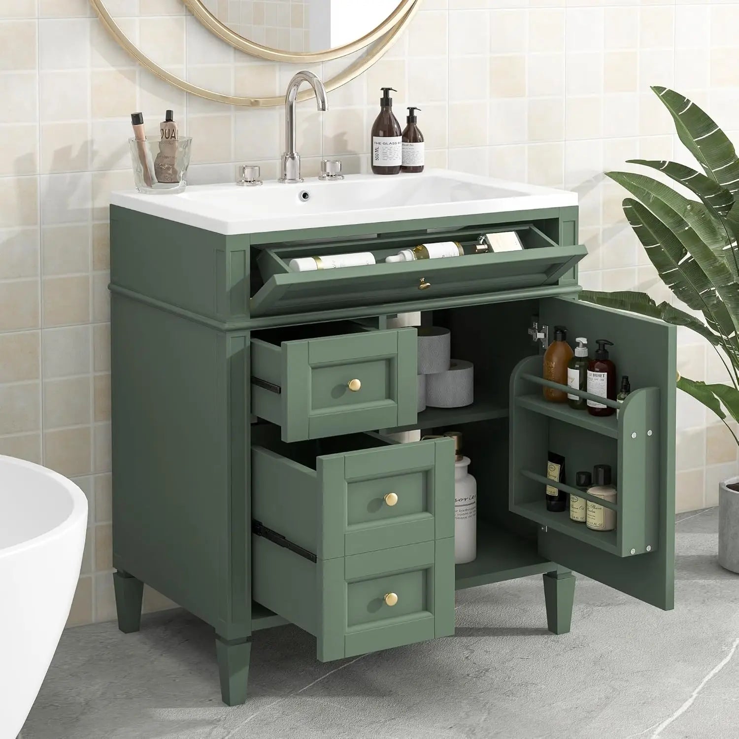 bathroom organizers, Bathroom Vanity with Sink, Modern Bathroom Cabinet with Drawers and Tip Out Drawer, Freestanding Bathroom V