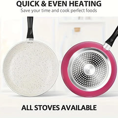 10"+11" Pink Nonstick Pan Set with Lids, Aluminum Frying Pan Sets with Ceramic White Coating & Bakelite Handle, Easy to Clean