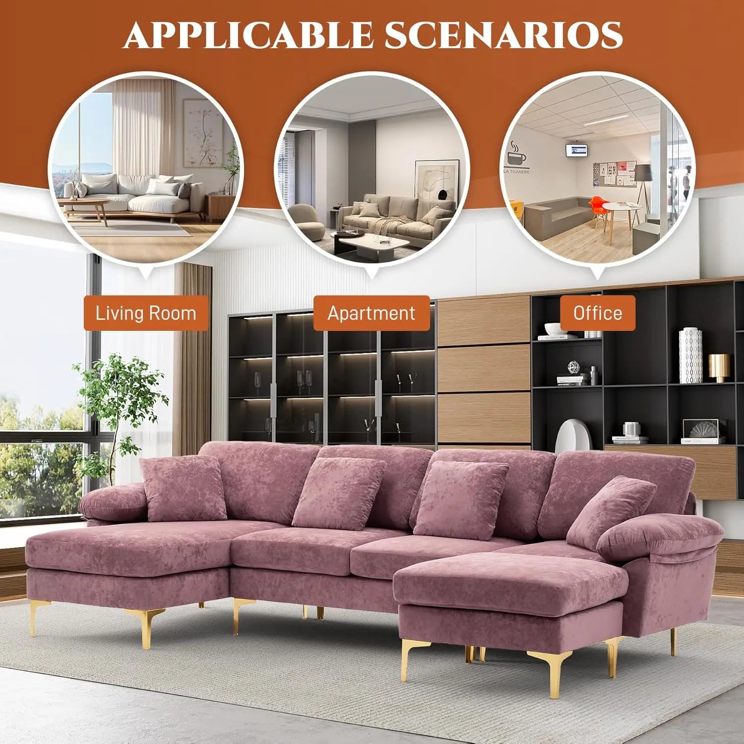 U-Shaped Sectional Sofa Couch, 4 Seat Sofa Set for Living Room, Convertible L-Shaped Velvet Couch Set with Chaise Lounge