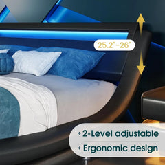 Modern Queen Bed Frame with RGBW LED Lights Headboard, Low Profile Upholstered Platform Sleigh Design, Strong Wood Slats Support