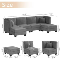 6 Pieces Sectional Sofas, with Reversible Chaise 116" 6-seat Modular Large Sectional Couch with Ottoman , Velvet U-Shaped Sofa