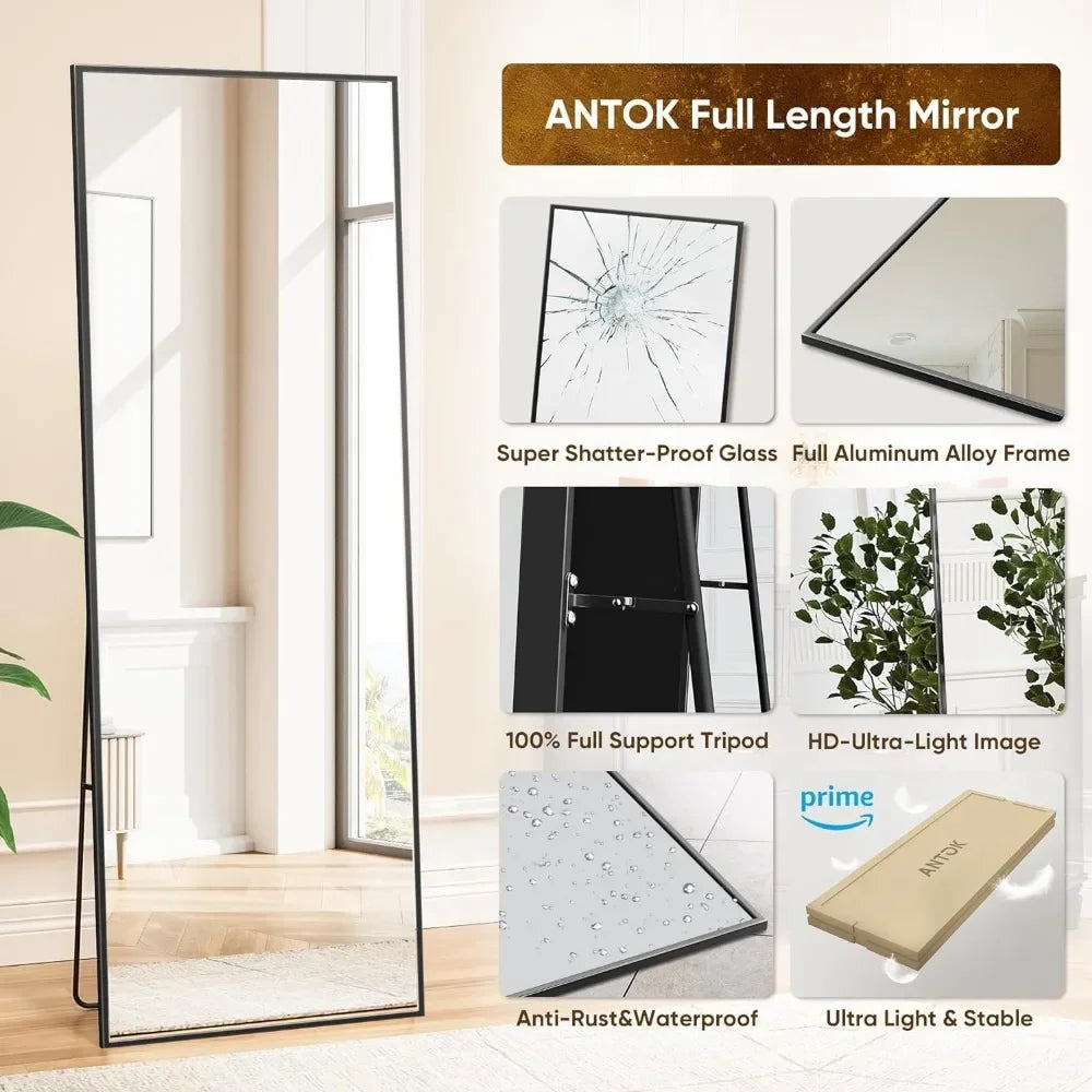 Full Length Mirror, Nano Glass Floor Mirror, Standing Rectangle Floor Mirrors Body Dressing Wall-Mounted Mirror for Living Room