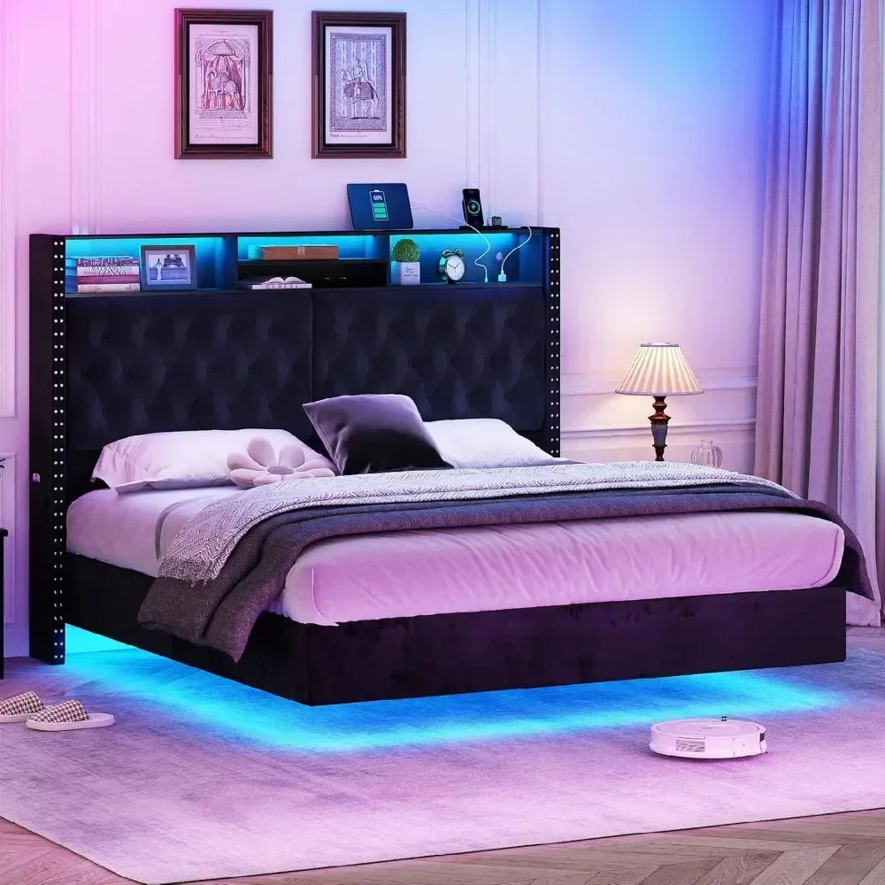 King Bed Frame with 60" Tall Storage Headboard & LED Lights，Charging Station and Pockets, Velvet Bed Frame，Floating Bed Frame