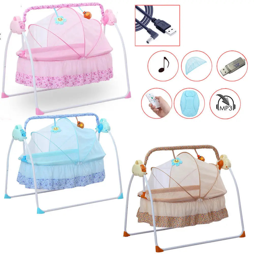 Electric Baby Cradle Auto Swing Rocker Cot Infant Sleeping Bed Swing Crib Kit Timer+Bluetooth Music+Mat+Pillow 5Gears Adjustable