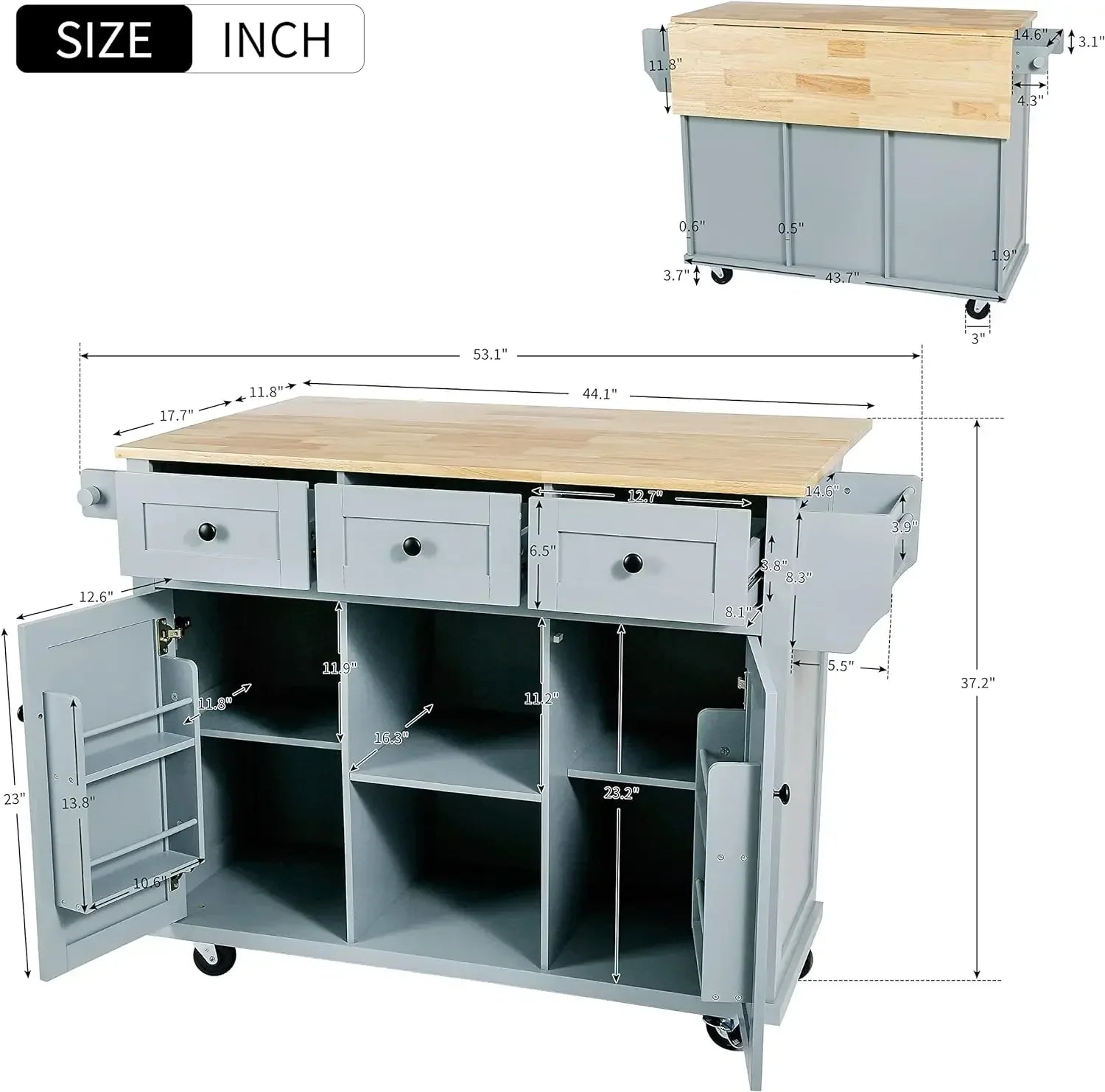 Kitchen Cart with Rubber Wood Drop-Leaf Countertop,Kitchen Island with Storage Cabinet and 3 Drawers,Internal Storage Cabinet