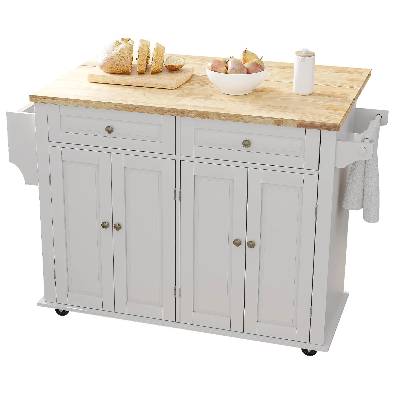 Rolling Kitchen Cart with Drop Leaf,  Mobile Kitchen Island Table on Wheels with Drawer and Storage Cabinet, Rubber Wood Top