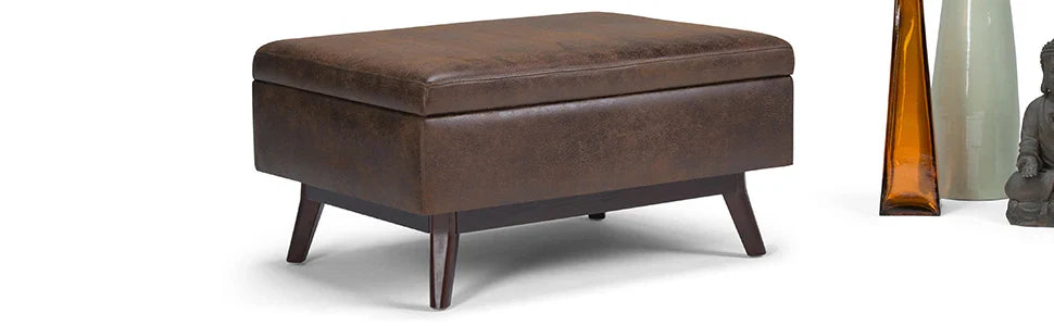 Owen 34 Inch Wide Mid Century Modern Rectangle Coffee Table Lift Top Storage Ottoman in Upholstered Distressed Chestn