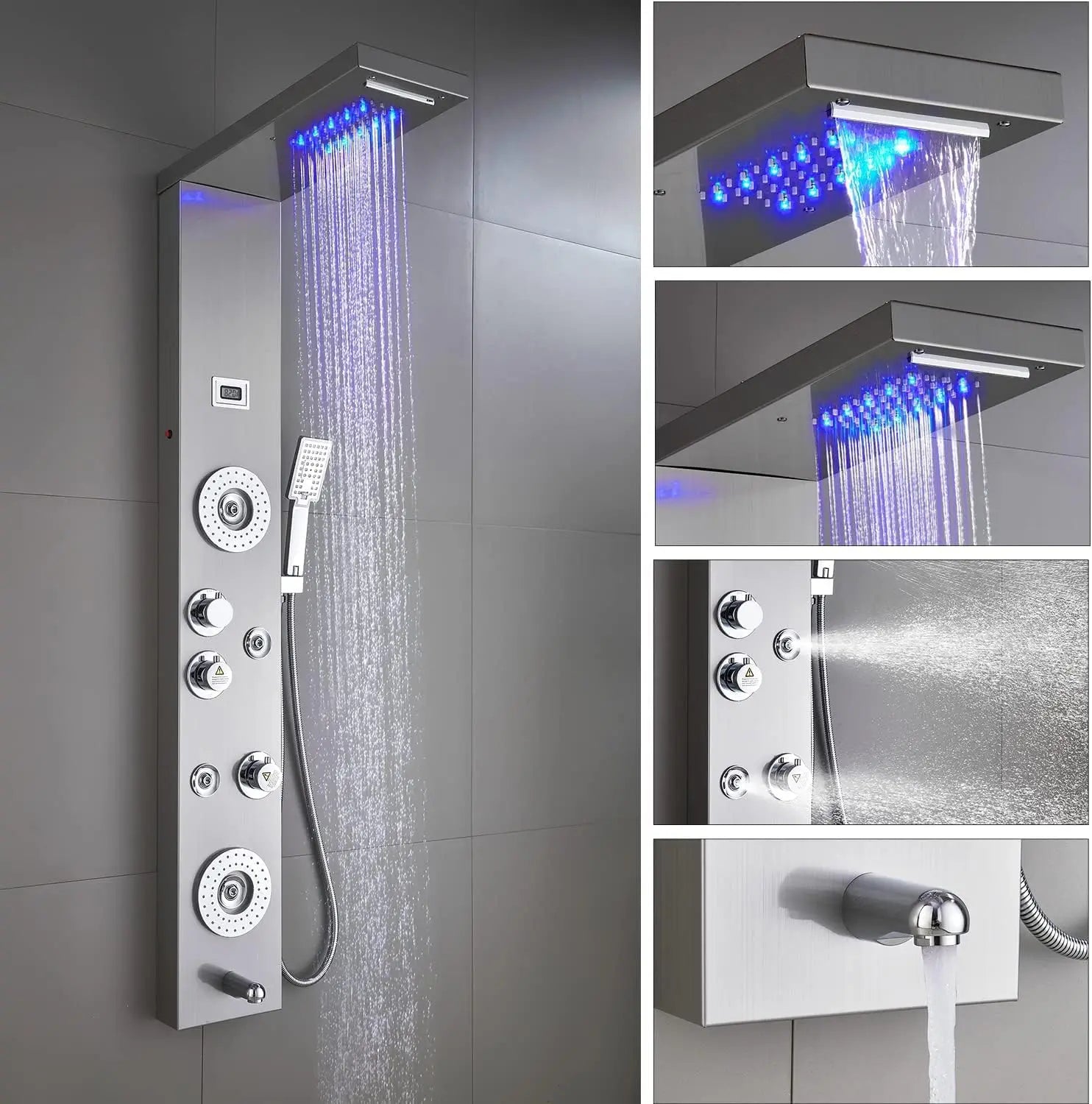 Stainless Steel Shower Panel Tower System LED Rainfall Waterfall Shower Head 6-Function Faucet Rain Massage System with Body