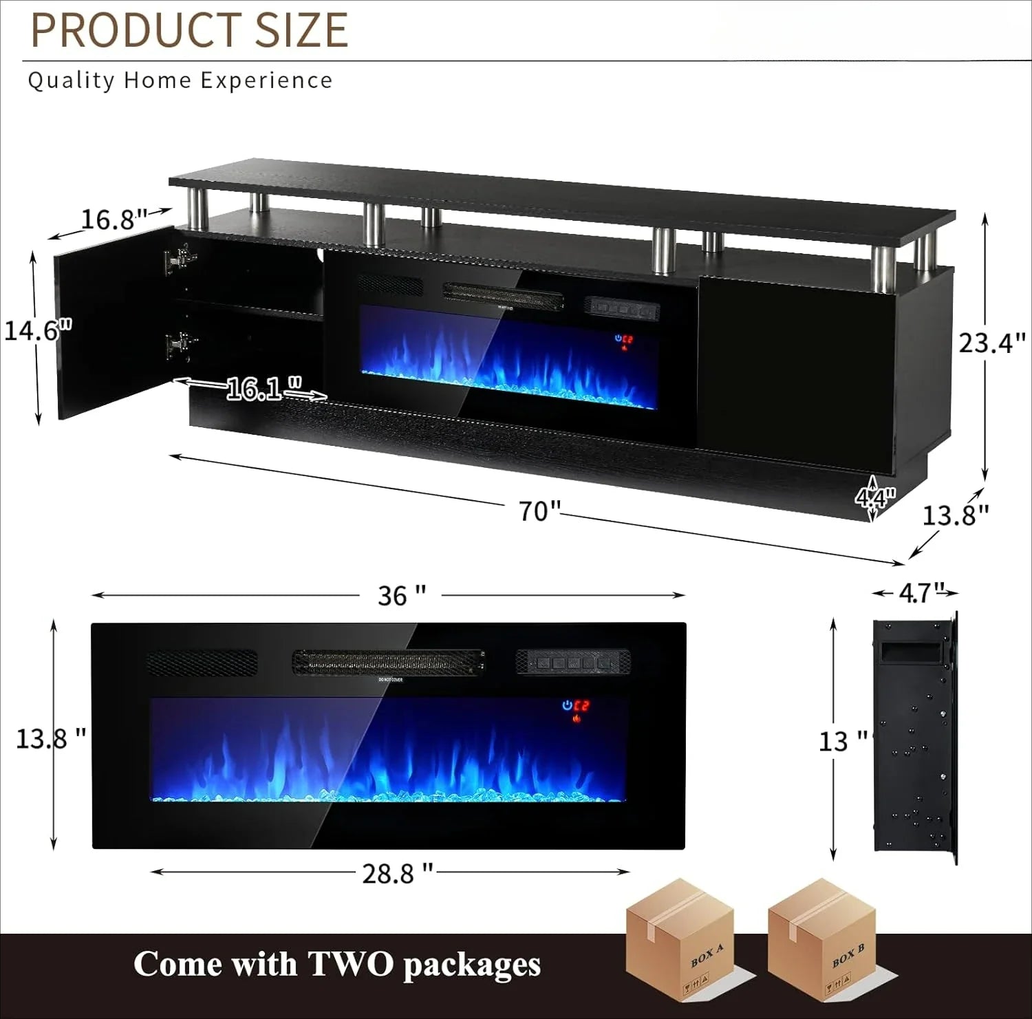 70" Electric Fireplace, LED Light Entertainment Center, 2 Tier Console Stand for TVs Up to 80", Black Modern TV Stand