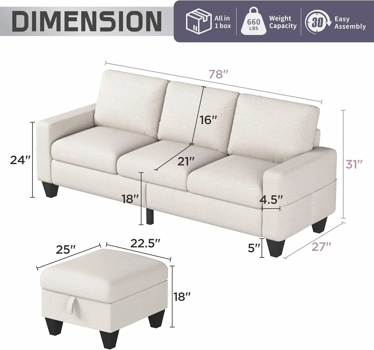 Small Sectional Sofa L-Shaped Couch, Convertible Couches for Living Room with Reversible Storage Chaise & Side Storage Pockets