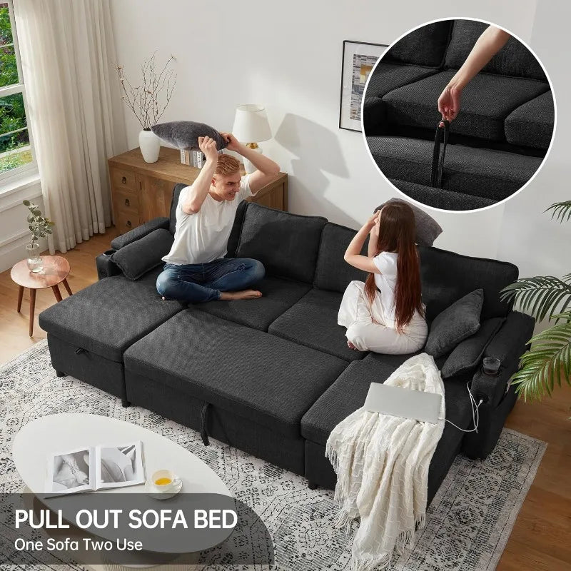 DURASPACE Sofa Bed Pull Out Couch Sleeper with Storage Chaise, with USB Charging Ports, Cup Holder