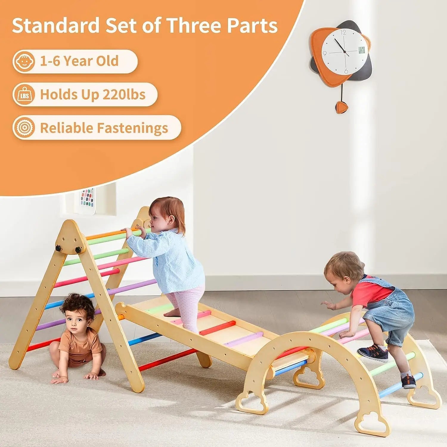 5 in 1 Pikler Triangle Set Wooden Montessori Climbing Set Inside Foldable with Ladder Ramp Arch Rocker and Slide Climbing Toys