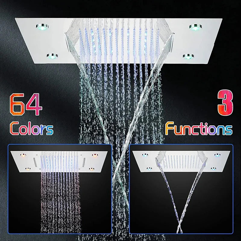 Brushed Ceiling Shower Head with LED Lights 36*50cm Large Rainfall Faucet Bathroom Tap Stainless Steel Smart Square Sprayer