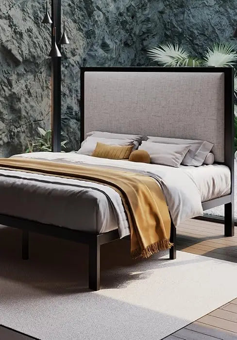 Allewie Queen Size Platform Bed Frame with Fabric Headboard and Wooden Slats Support,Fully Upholstered Mattress Foun