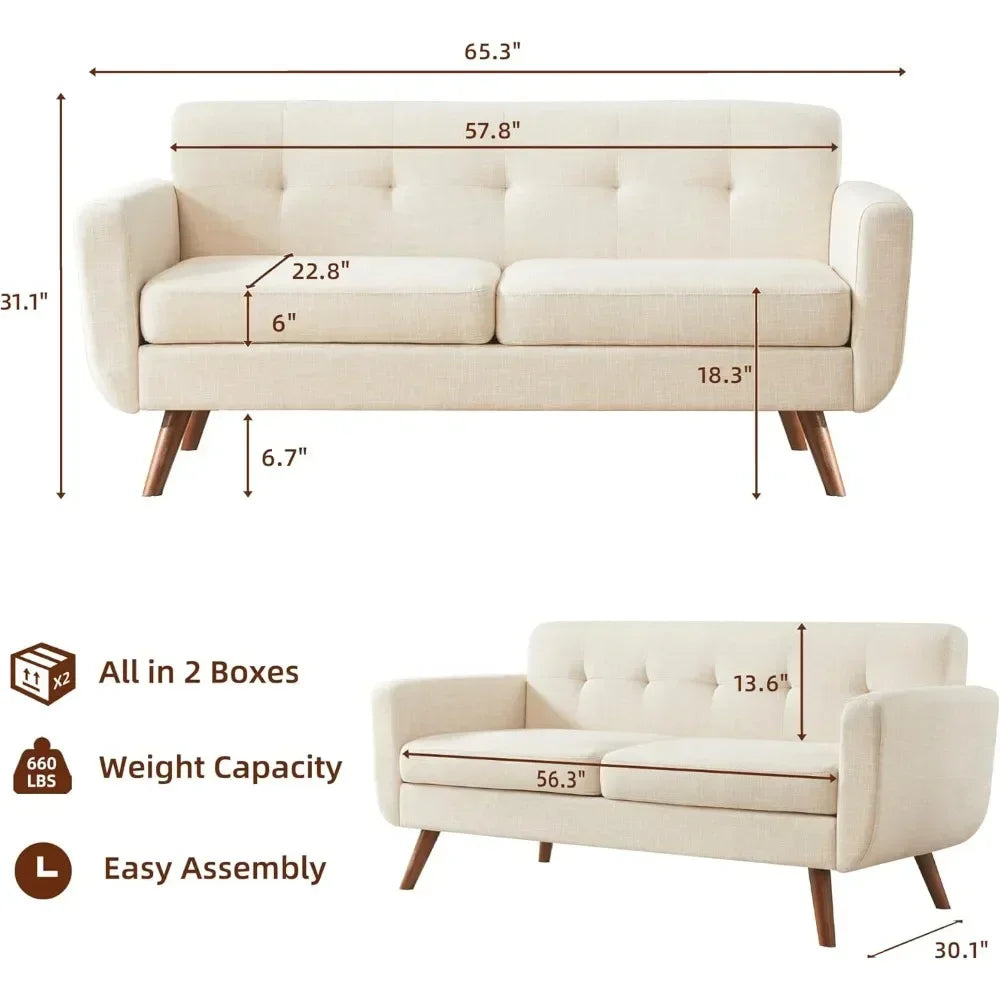 65" W Loveseat Sofa,Mid Century Modern Decor Love Seat Couches for Living Room,Button Tufted Upholstered Small Couch for Bedroom