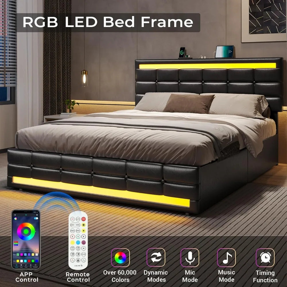 Queen Bed Frame with LED Lights Leather Platform Bed with Storage Drawers and Charging Station,with Adjustable Headboard,Black