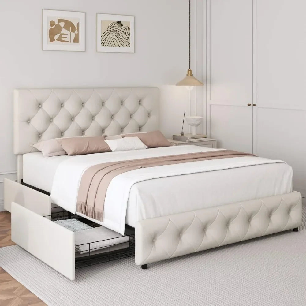 Bed Frame with 4 Storage Drawers and Adjustable Headboard, Upholstered Platform Bed with Button Tufted Design, Strong Wood