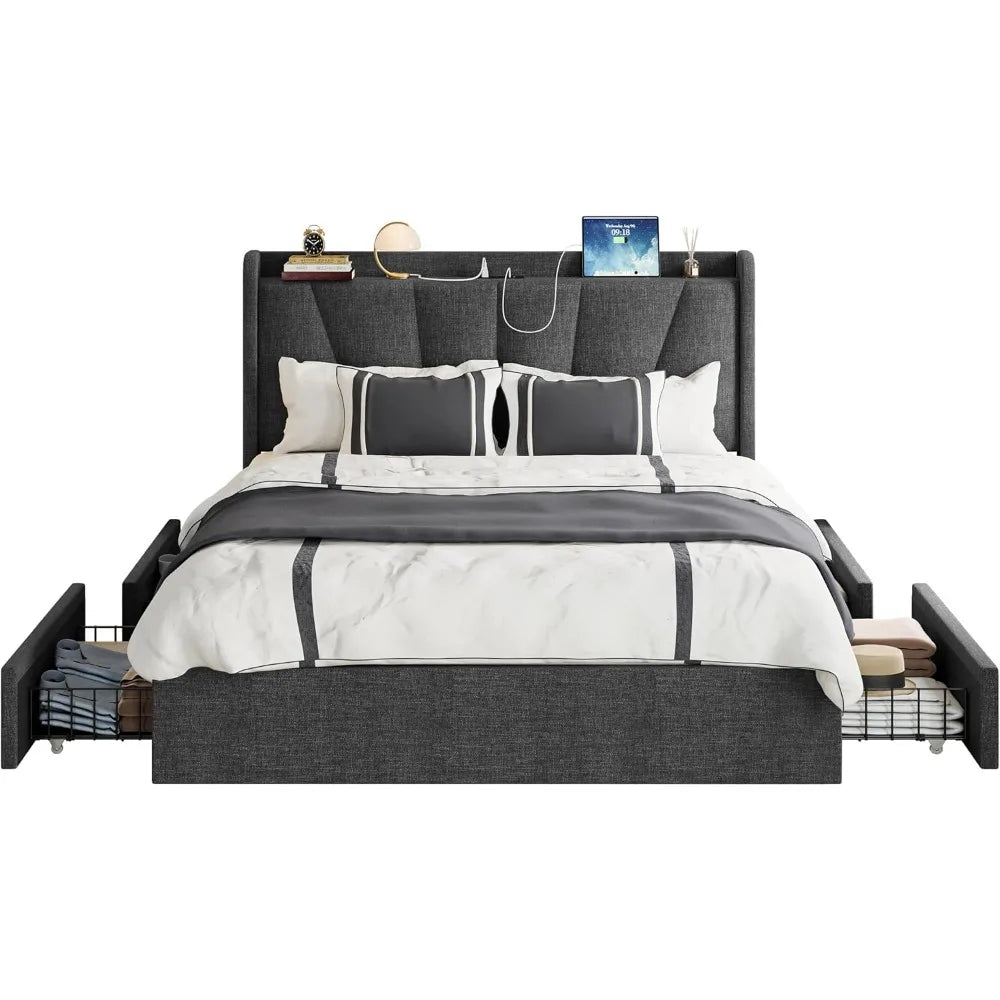 Bed Frame with Upholstered Headboard, Platform Bed with Storage Drawers and Outlets, Sturdy, Noiseless, No Box Spring Needed