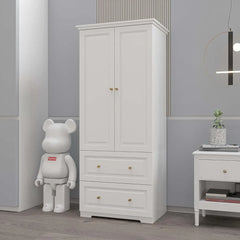 2 Door Armoire Wardrobe Closet with 2 Drawers, Armoires and Wardrobe with Hanging Rod, Wooden Armoire Wardrobe for Bedroom