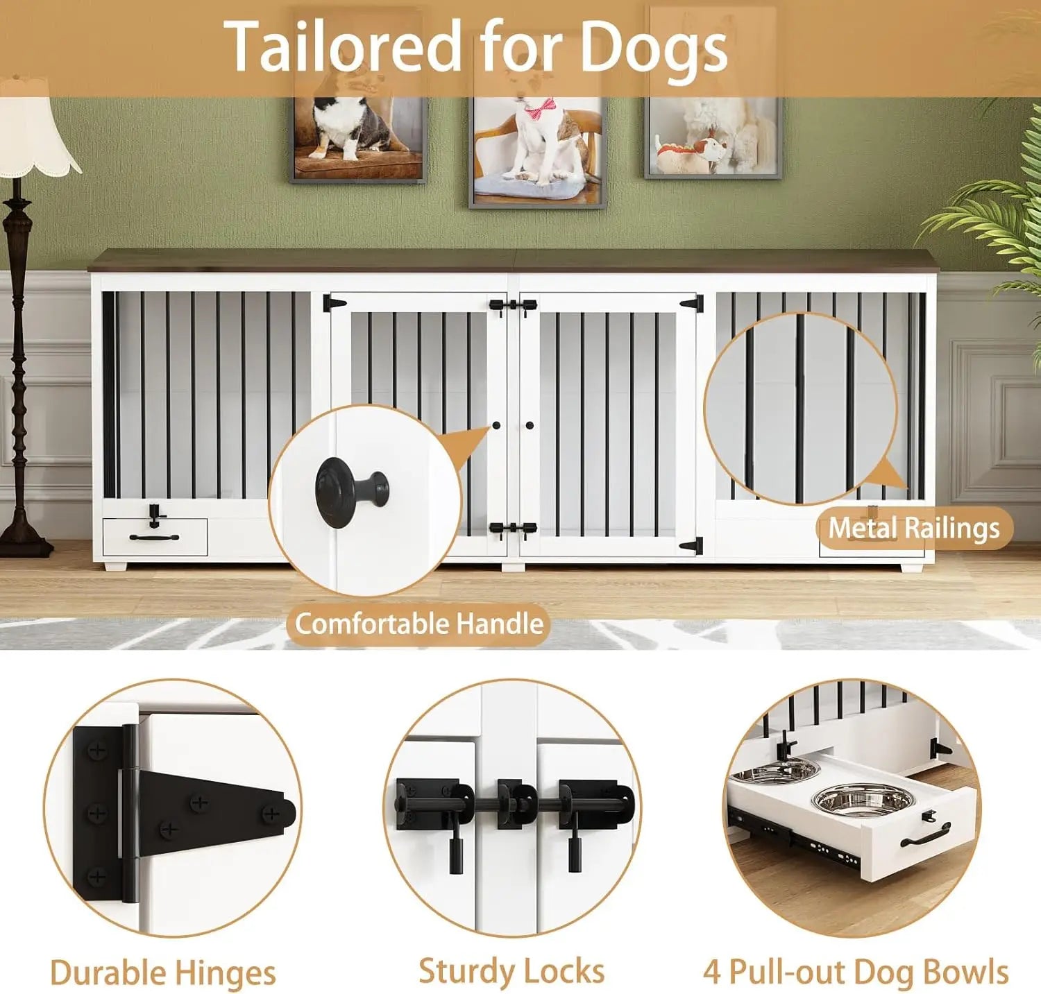 Dog Crate, Heavy Duty Kennel with Pet Bowl Drawers & Divider, Indoor Furniture Style Pet Kennel for Large Medium Dogs, Dog Crate