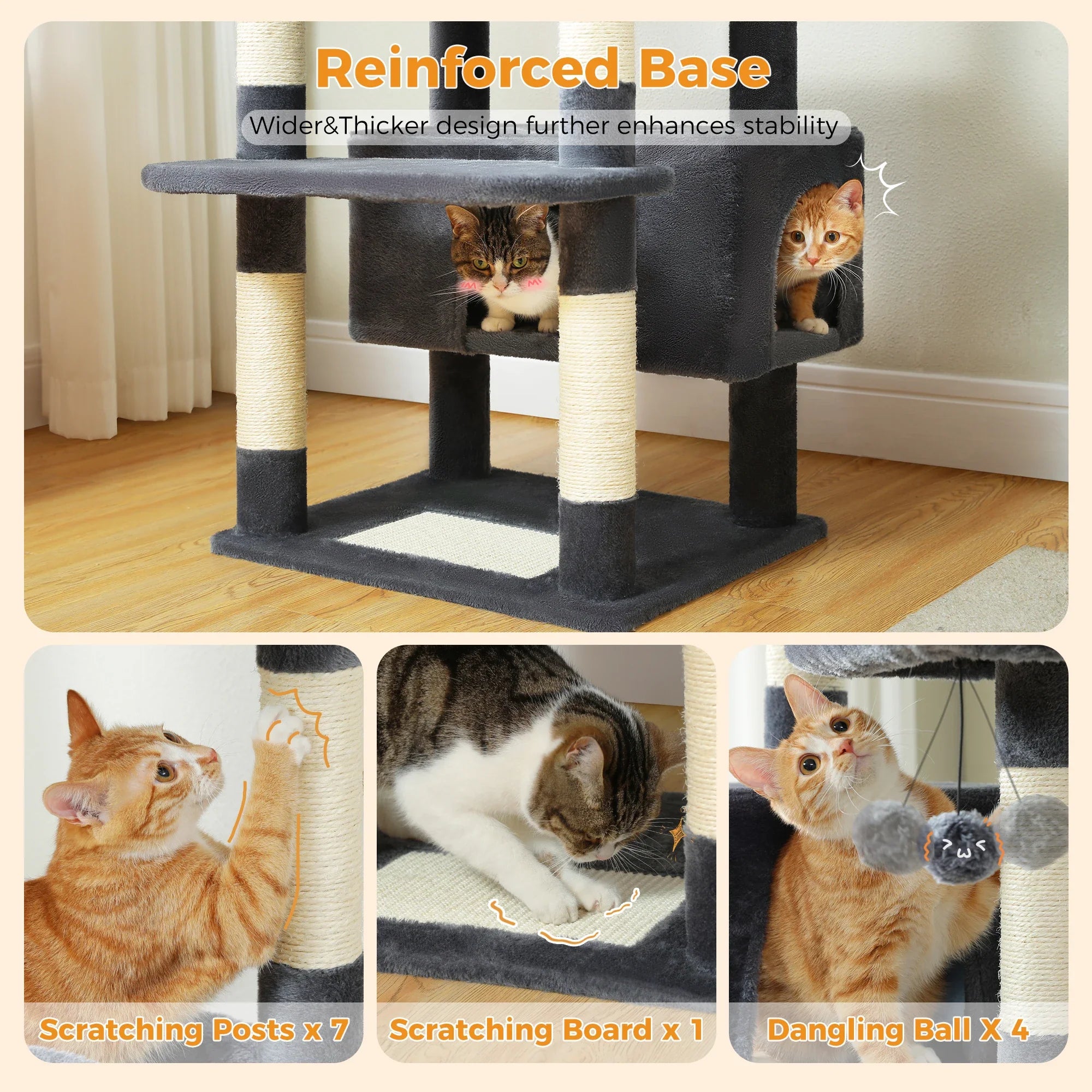 H184CM Large Cat Tower with Sisal Scratching Posts Spacious Condo Perch Stable for Kitten Multi-Level Tower Indoor Cozy Hummocks