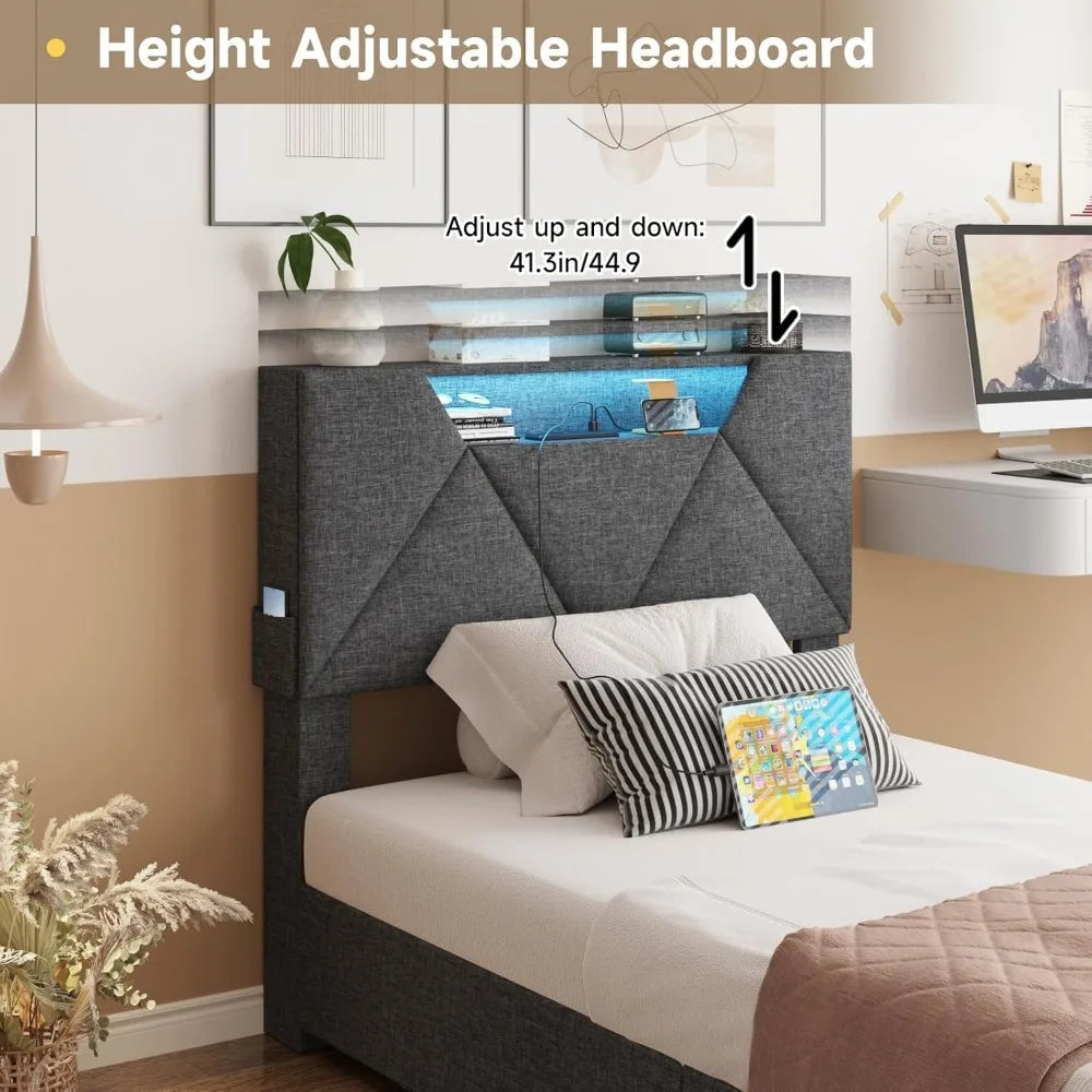 Queen Bed Frame with Storage Headboard and 4 Drawers,Upholstered Platform with Charging Station and Led Adjustable Headboard