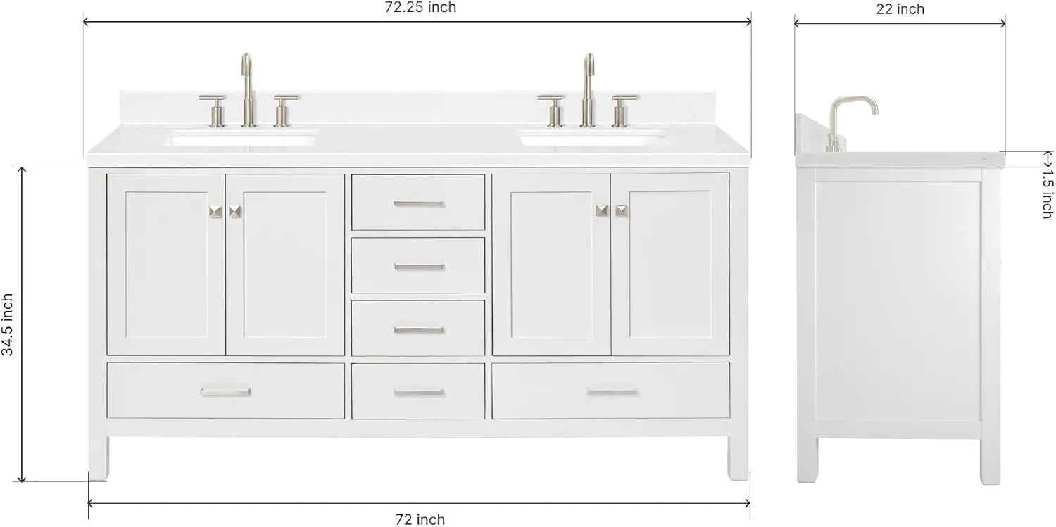 Cambridge 72" White Double Vanity 1.5" Edge Carrara White Quartz Countertop & Splash Rectangular Sinks 4 Soft Closing Doors