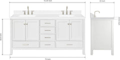 Cambridge 72" White Double Vanity 1.5" Edge Carrara White Quartz Countertop & Splash Rectangular Sinks 4 Soft Closing Doors