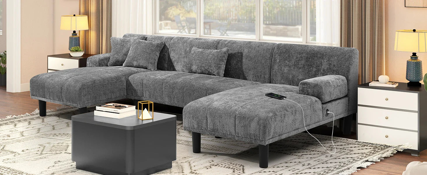 Sectional Couches for Living Room, U Shaped Sofa Chenille Modern Couch with USB & Type C Charging Ports Double Chaise a