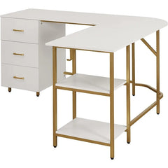 L Shaped Desk - Two-Toned Computer Desk with Drawers & Storage Shelves - Simple Modern Furniture & Home Office Space Corner Tabl