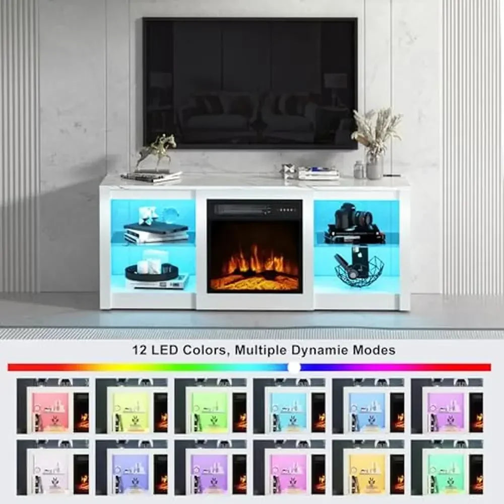 58" TV Stand Electric Fireplace Entertainment Center Glass Shelves USB Ports Adjustable Living Room Console Wood Matte Marble